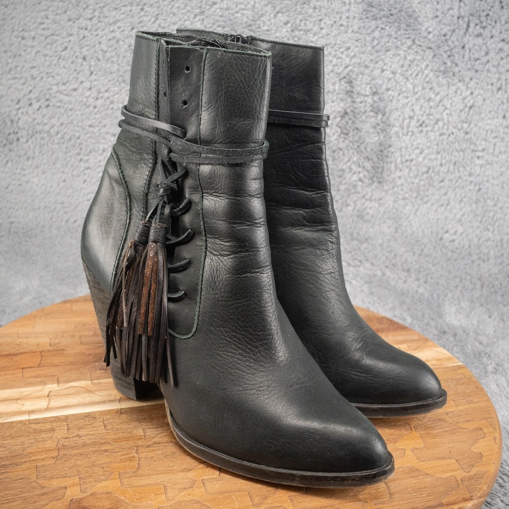 Charles David Yani Heeled Leather Fringe Tassel Black Leather Boots Booties 9